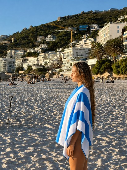 Woman wearing the blue and white Ziptique zipper towel on the beach at Clifton, Cape Town