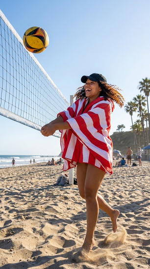Woman wearing a Ziptique zipper towel playing beach volleyball with both hands free